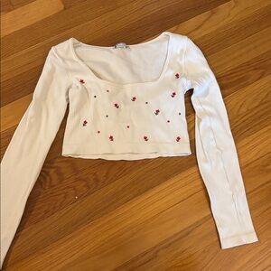 Zara White Long Sleeve Crop Top with Floral Embroidery
